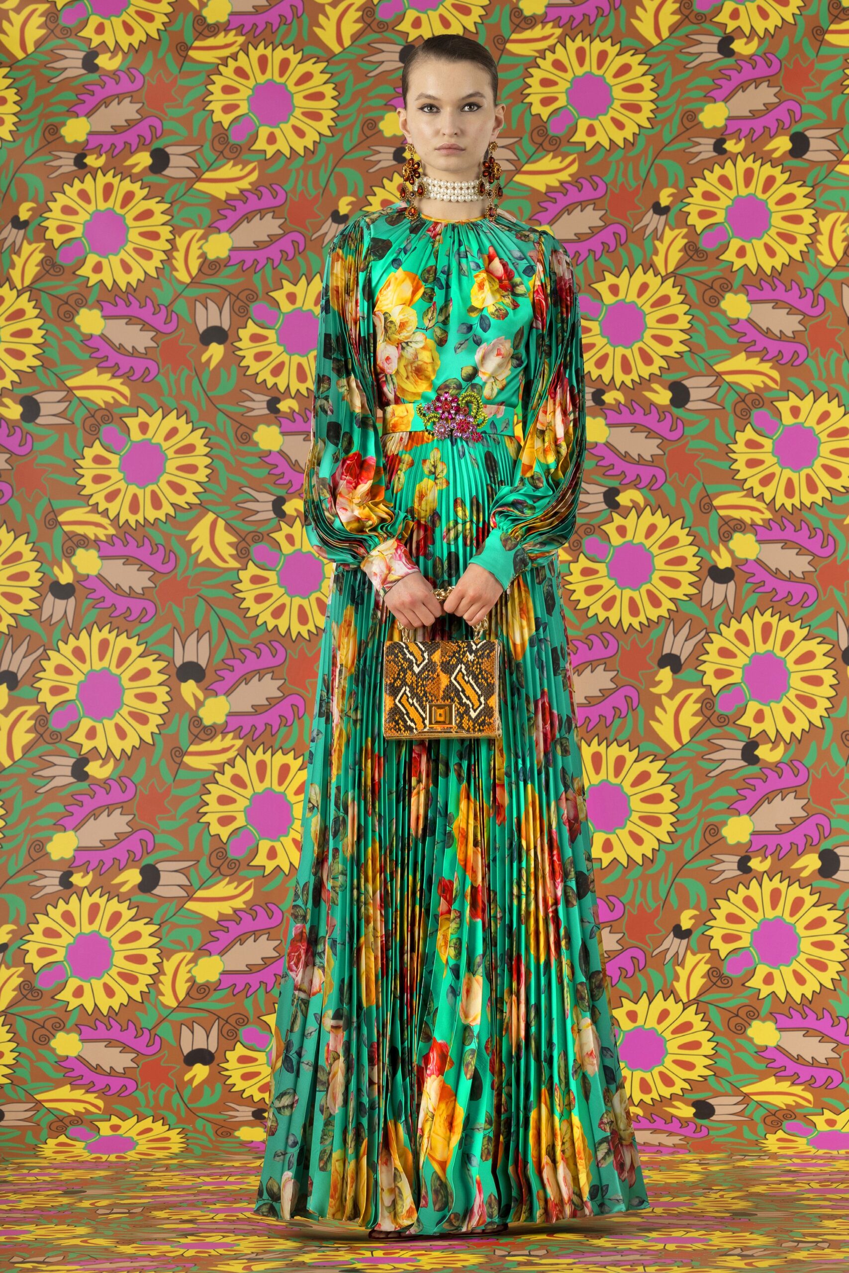 floral maxi gown with beaded bag