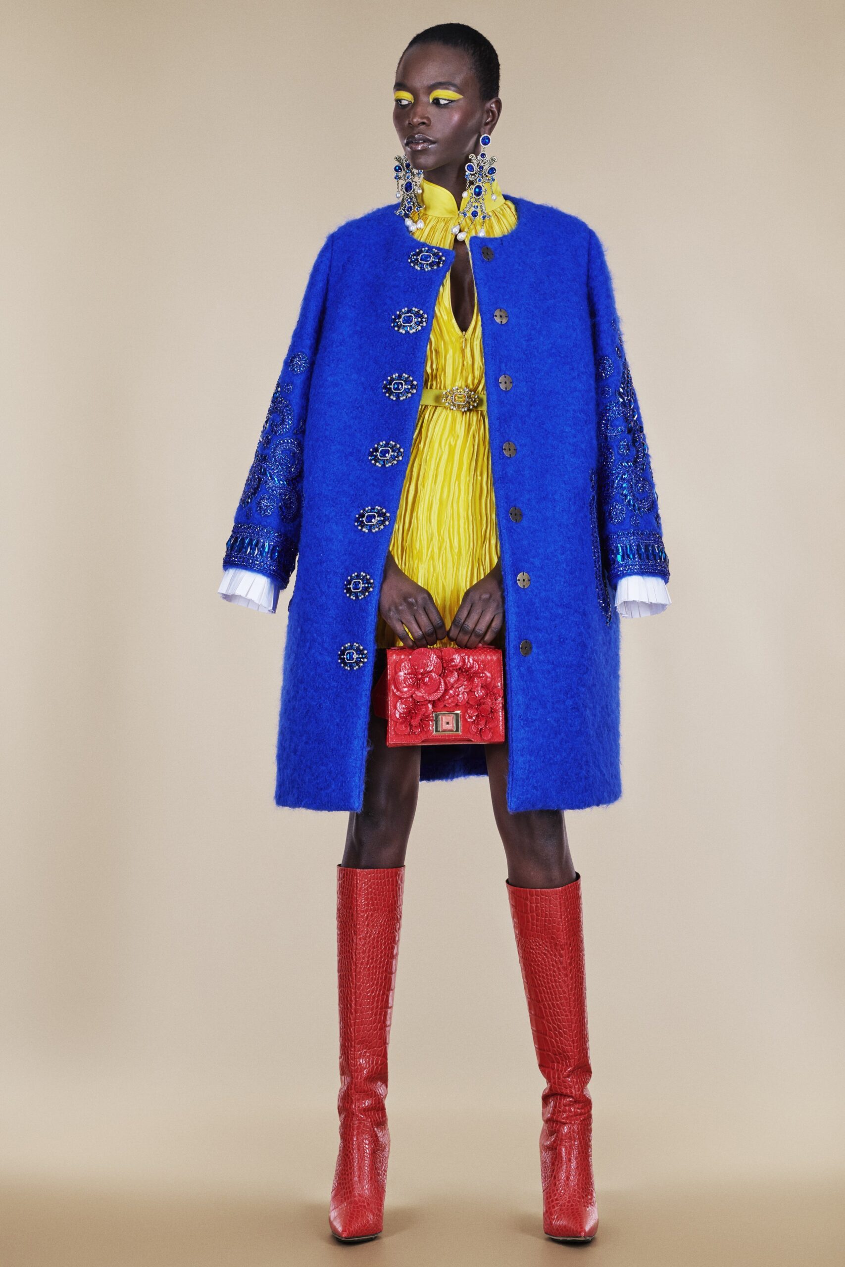 blue wool coat yellow dress