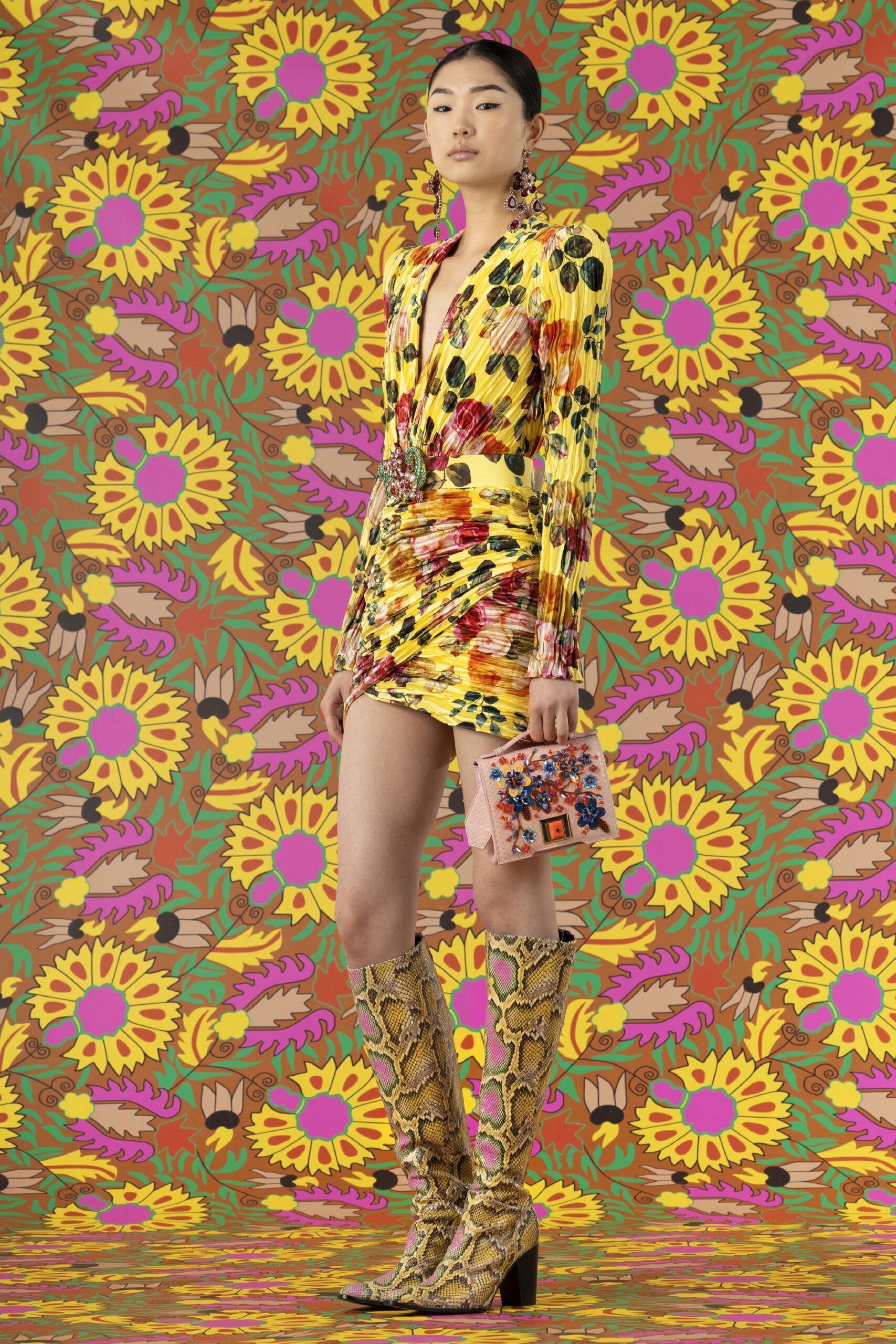 yellow silk long-sleeve v-neck fitted ruched flared dress
