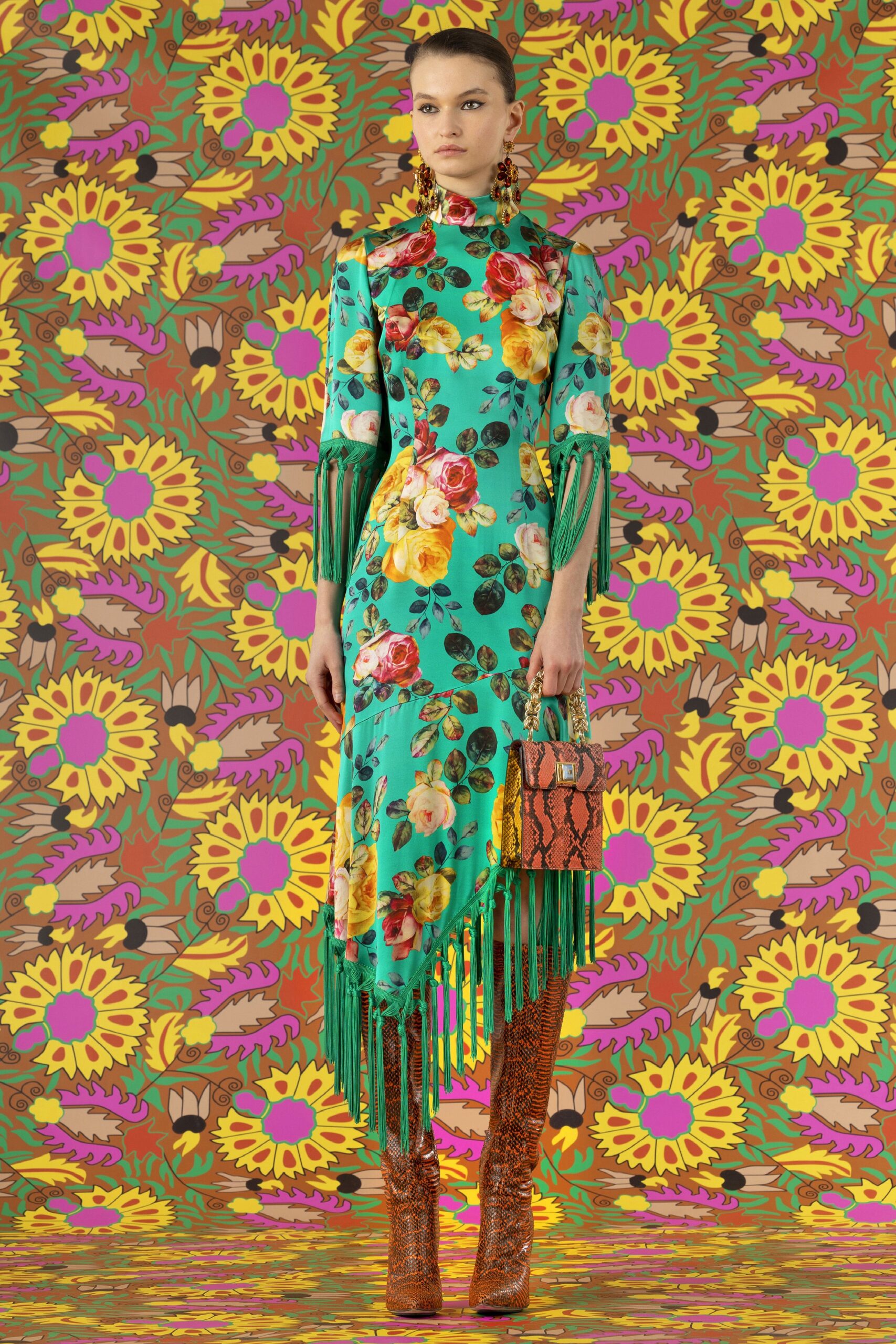 fitted green floral midi dress