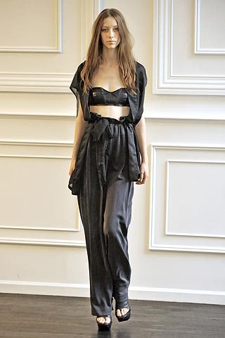 black silk fitted top and relaxed pants