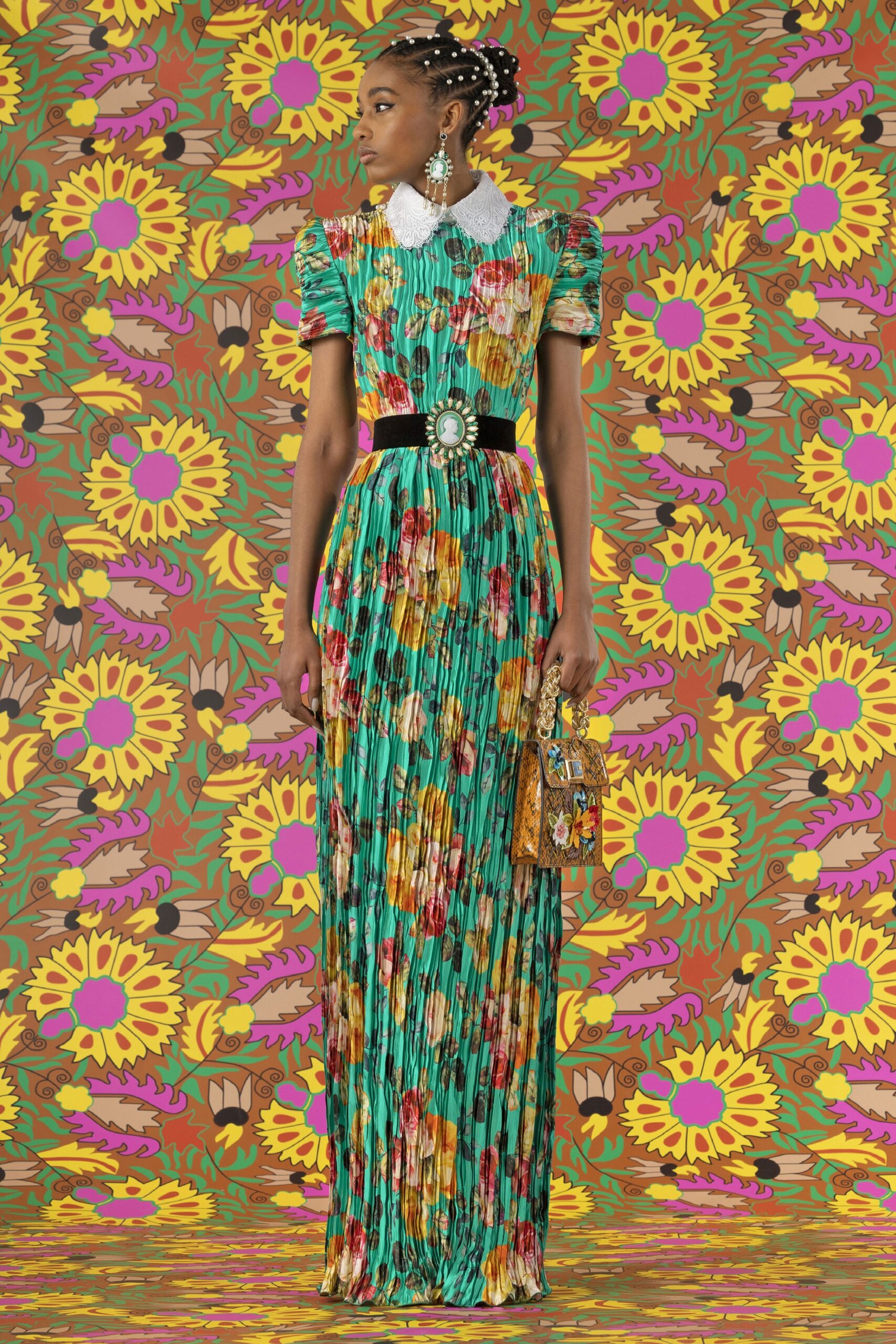 floral pleated maxi gown with belt