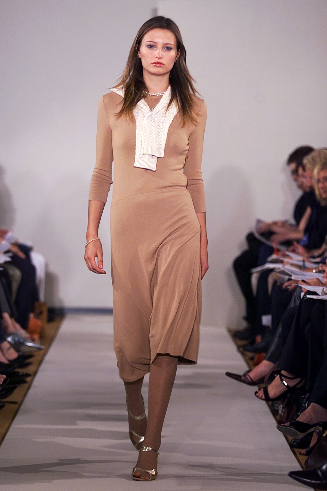 beige fitted long-sleeve dress