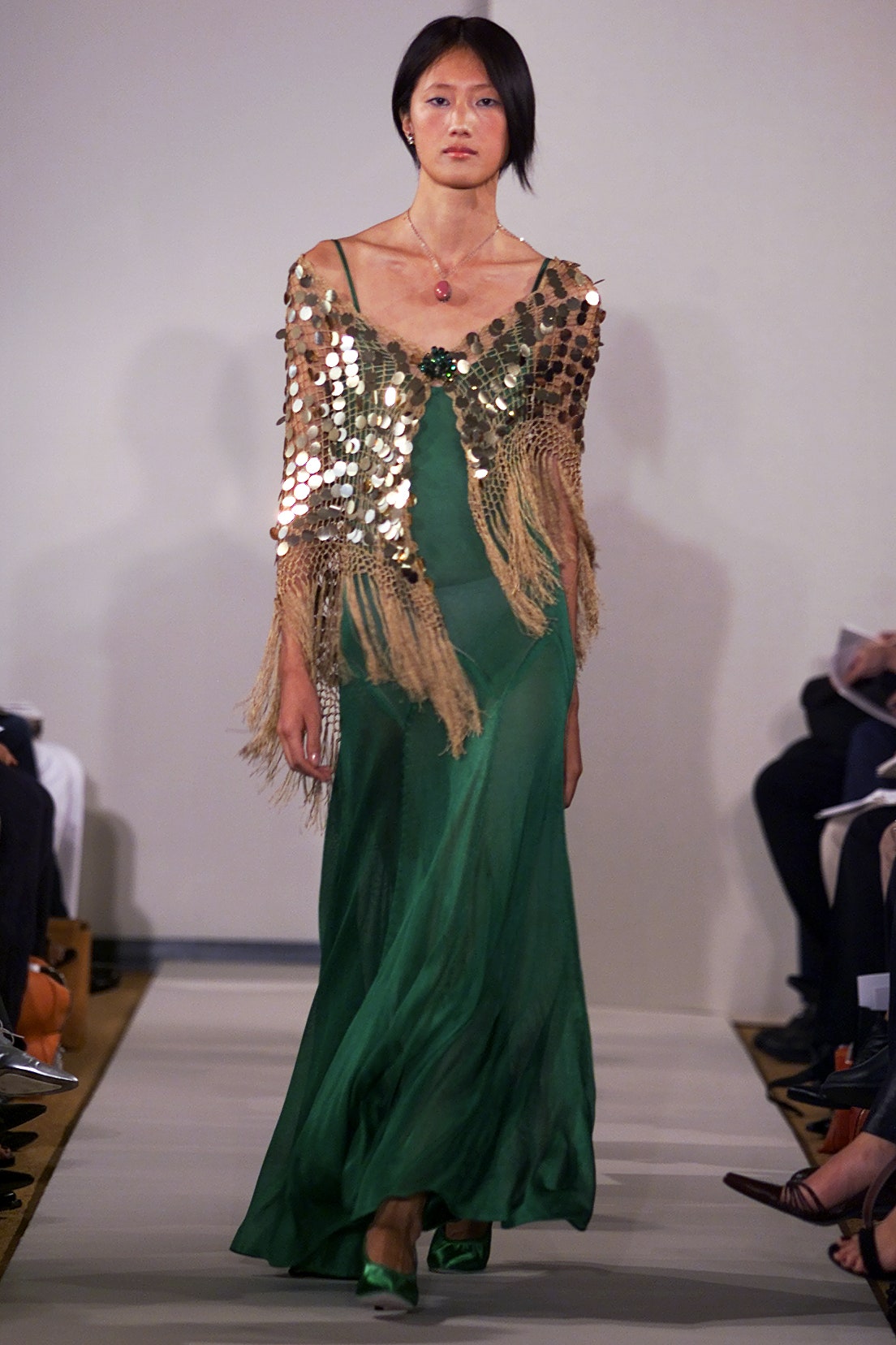 green silk sleeveless v-neck fitted flowing sheer dress