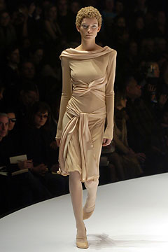beige silk off-shoulder dress