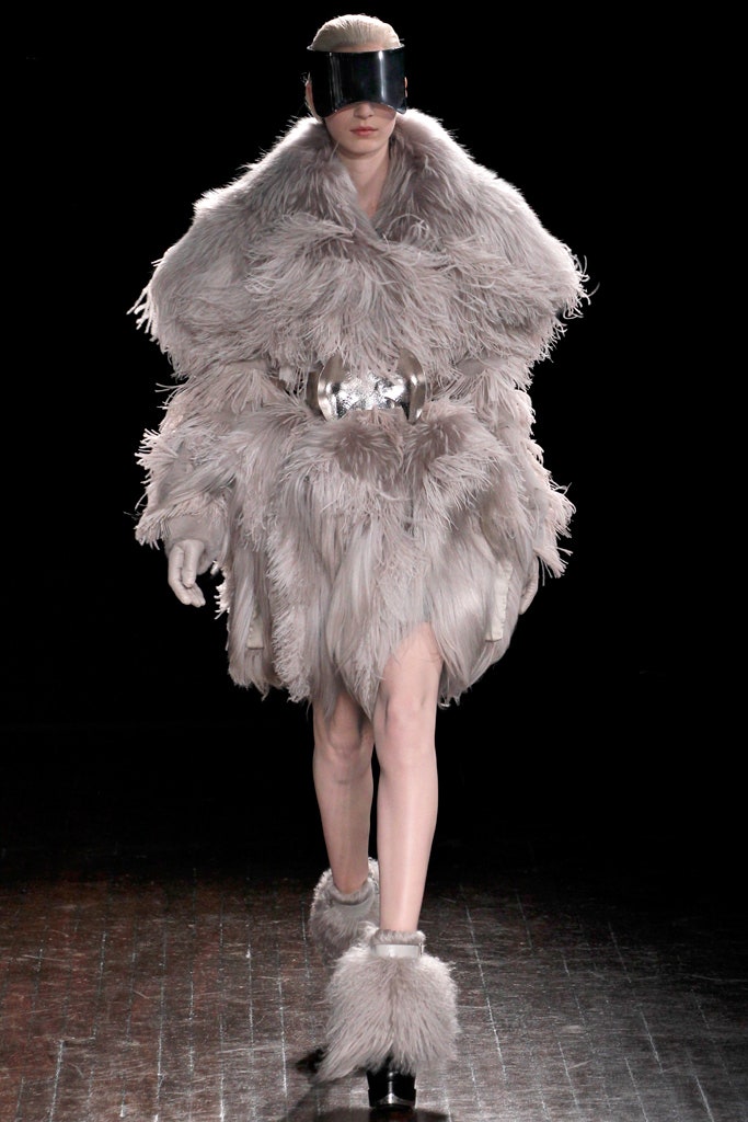 gray fur coat with silver belt
