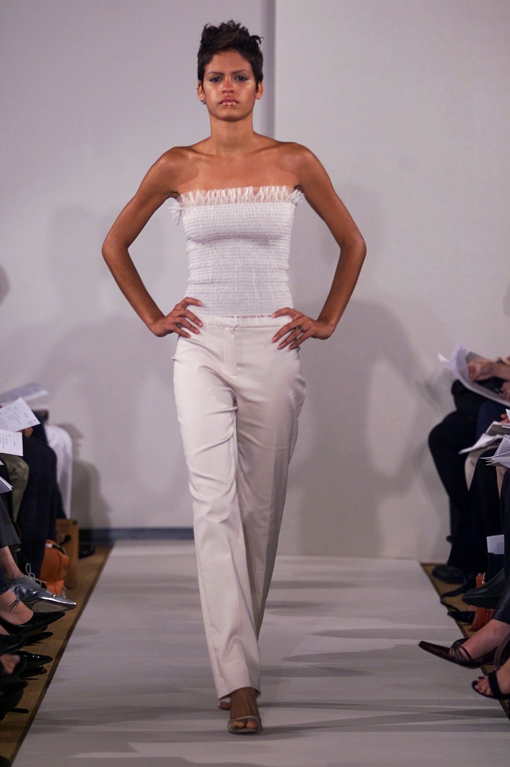 white cotton sleeveless strapless fitted ruched top