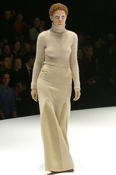 beige wool fitted high-waisted flared maxi skirt