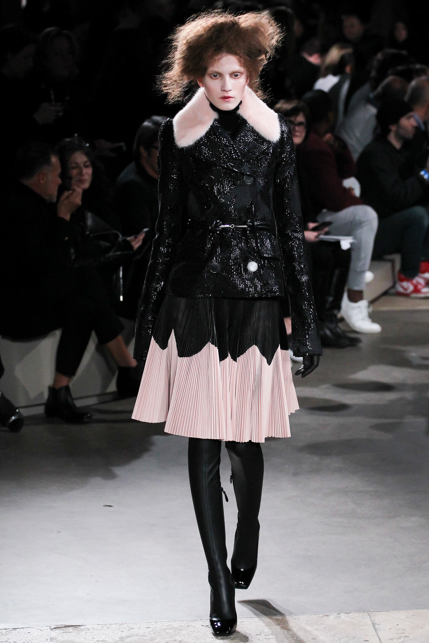 black silk long-sleeve collared fitted zippered pleated coat