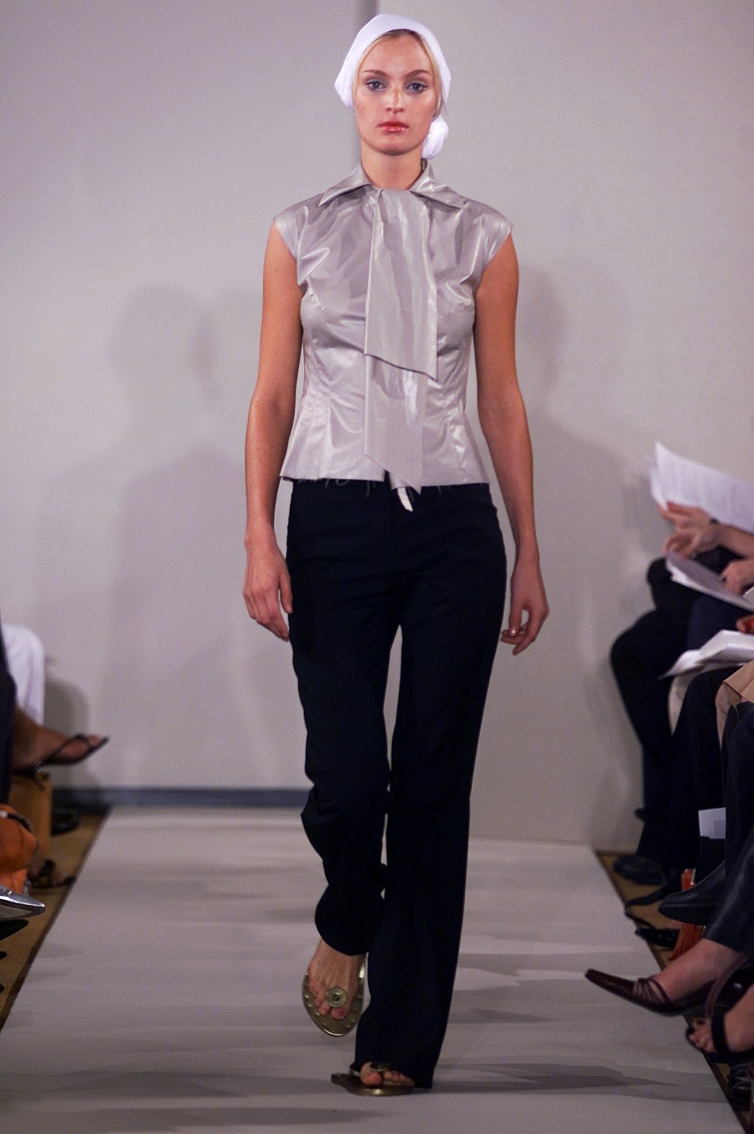 gray silk sleeveless collared fitted draped top