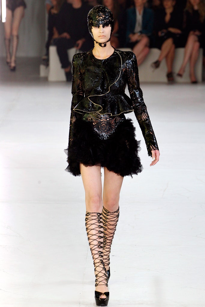 black leather long-sleeve v-neck fitted ruffled shiny dress