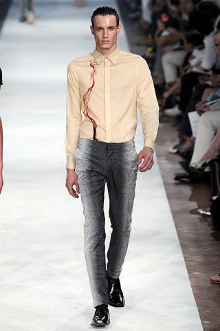 beige fitted shirt with gray pants