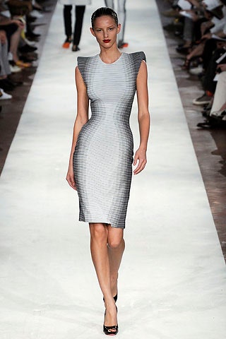 fitted gray striped midi dress