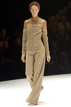 beige wool long-sleeve collared fitted zippered wide-leg jumpsuit