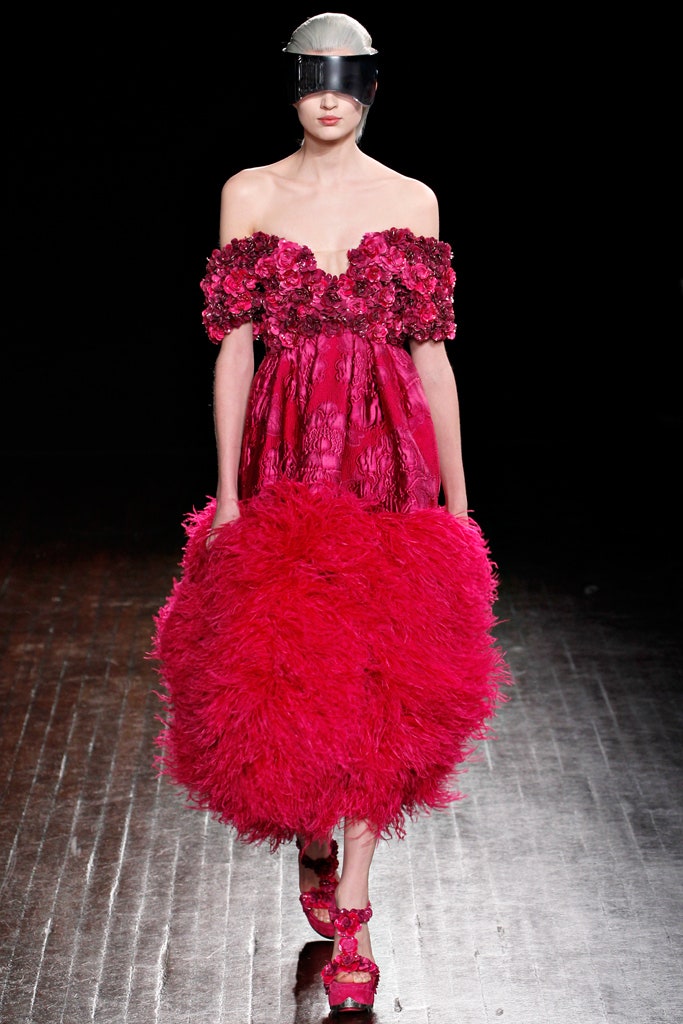 pink silk strapless fitted ruffled embellished textured dress