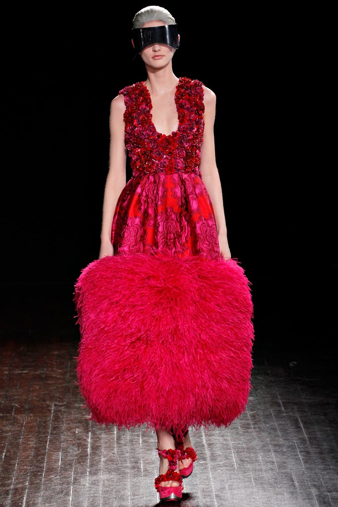 pink feathered ruffled dress