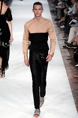 beige cotton long-sleeve collared fitted color-blocked shirt