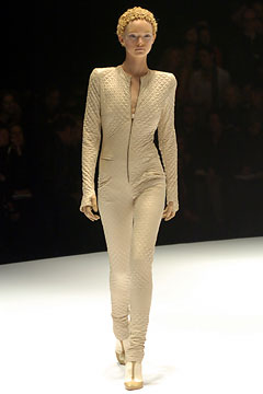 beige fitted leather catsuit