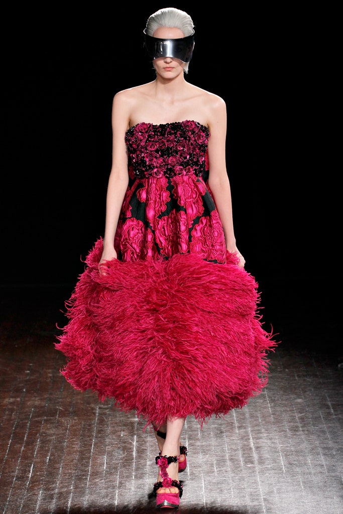 pink ruffled strapless gown
