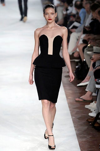 black and beige strapless peplum dress