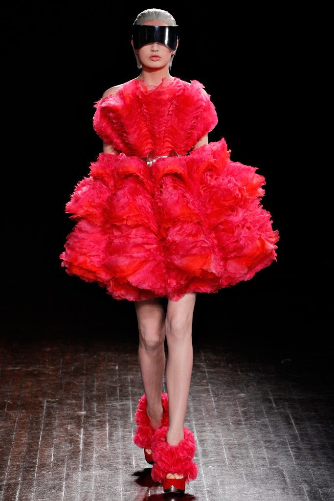 red tulle sleeveless high-neck fitted ruffled tiered dress