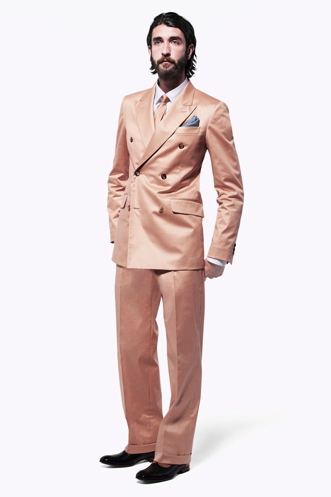 beige tailored silk suit