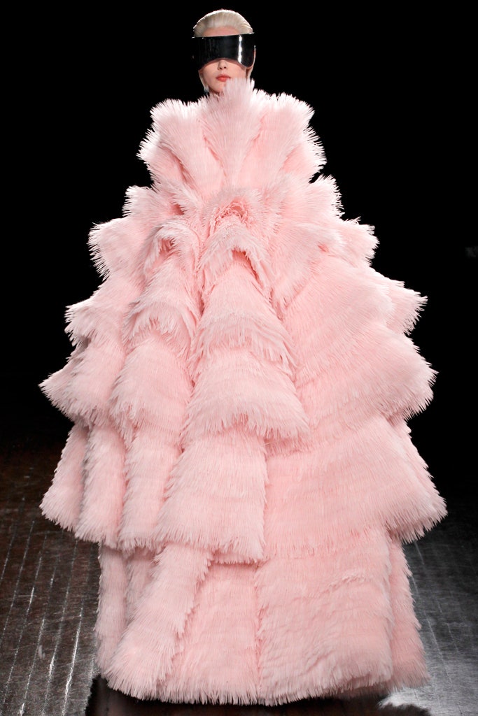 pink oversized fur gown