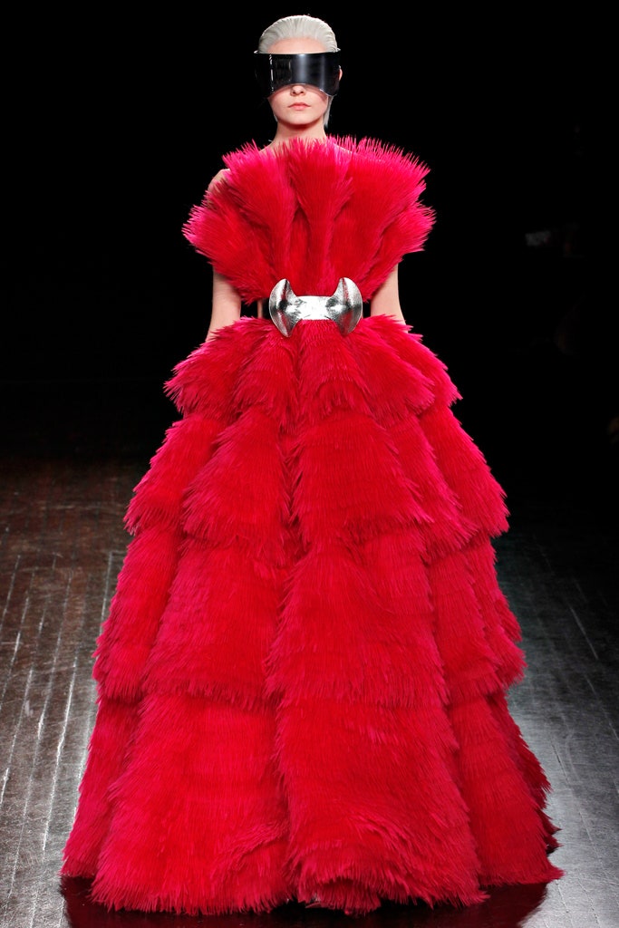 red fur tiered gown