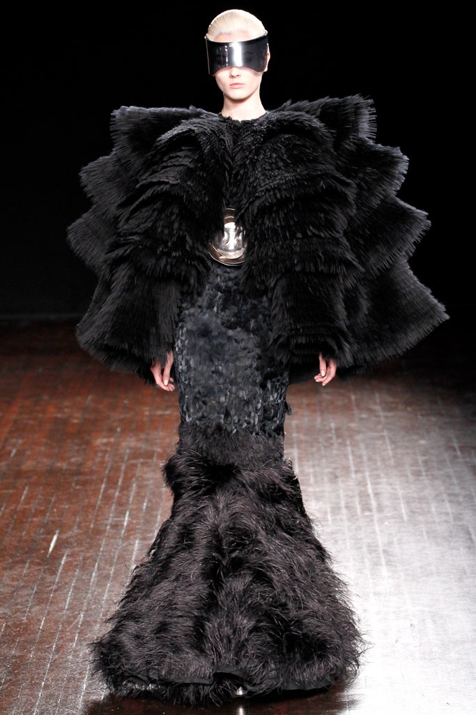 black ruffled fur gown