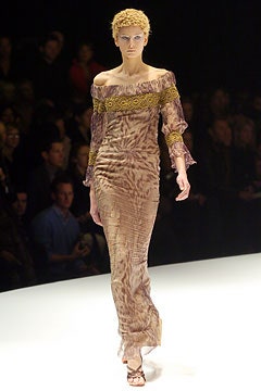 brown silk off-shoulder gown
