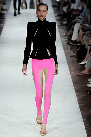 black fitted jacket with pink leggings