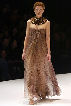brown silk strapless gown