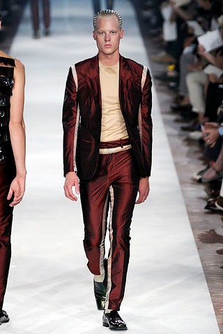 tailored red silk suit with beige t-shirt