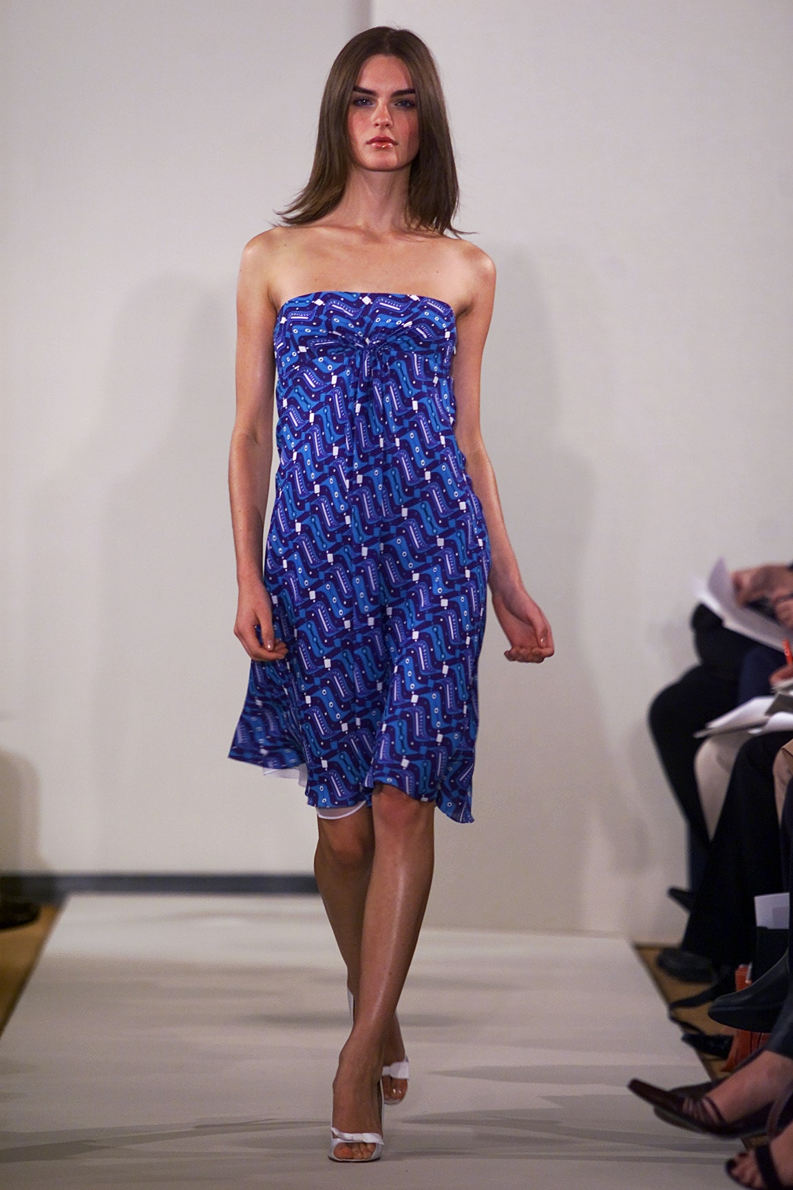 blue printed strapless dress
