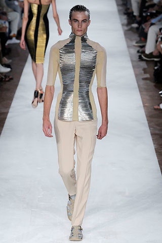 fitted beige metallic top and tailored pants