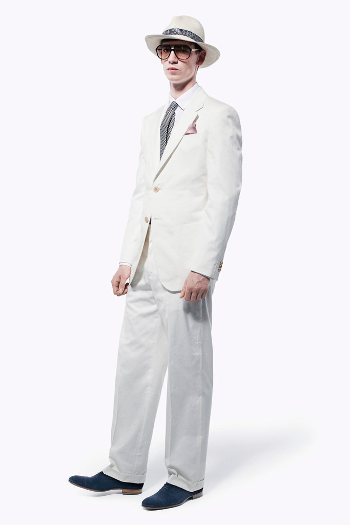 white tailored suit with hat