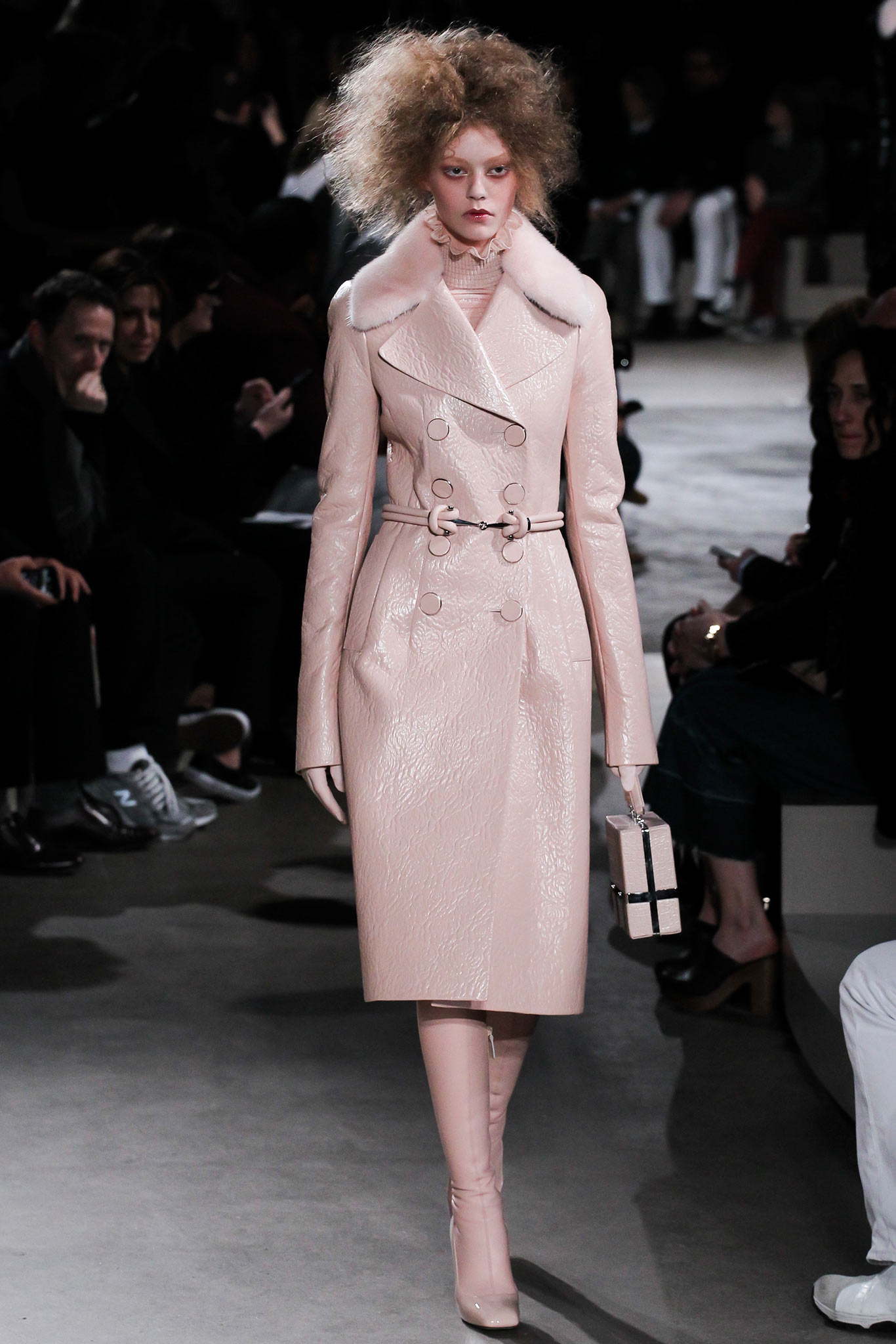 pink vinyl long-sleeve collared fitted belted textured coat