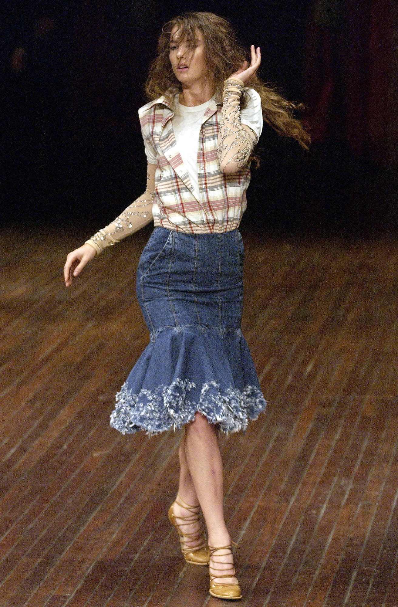 blue denim fitted flared midi skirt