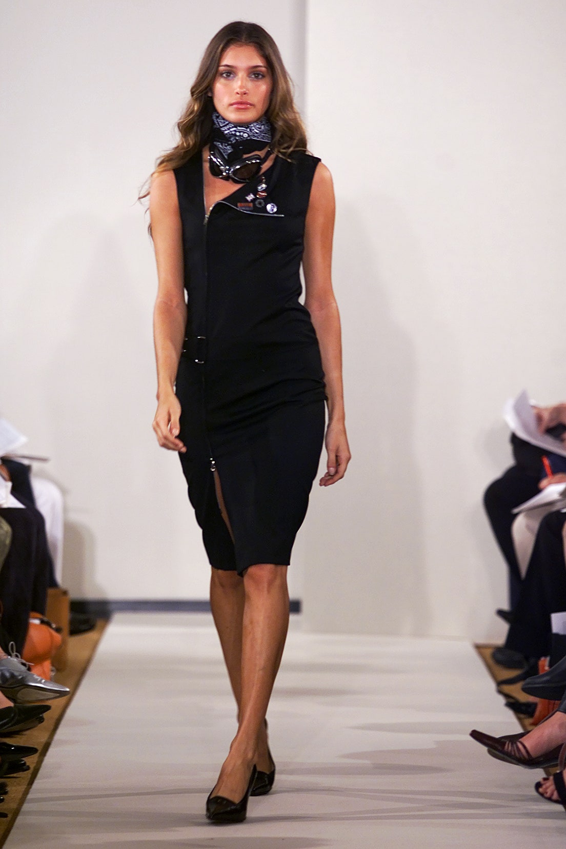 black fitted midi dress with scarf