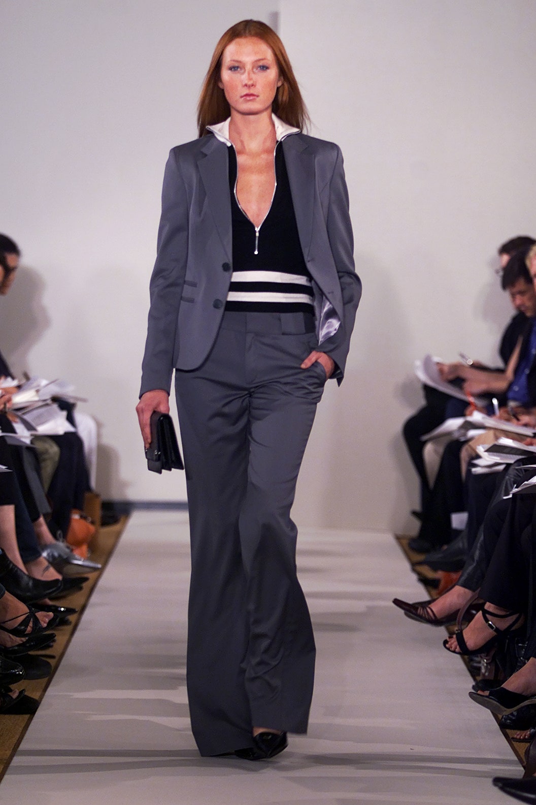 gray tailored suit with black top