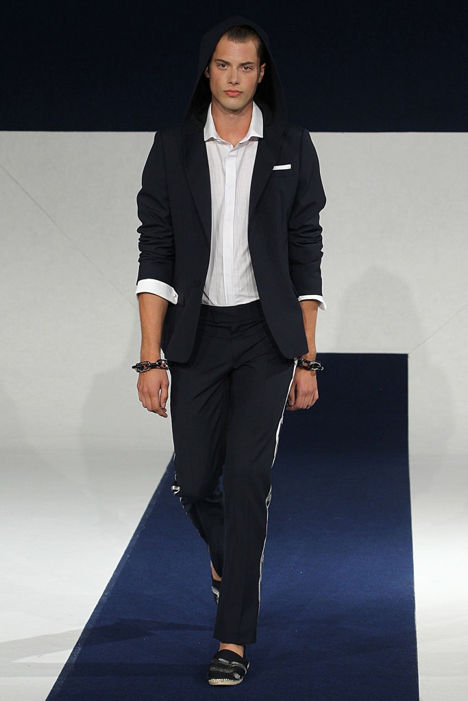 black tailored suit with white shirt