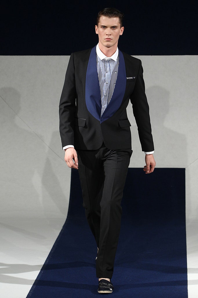black tailored suit with striped shirt