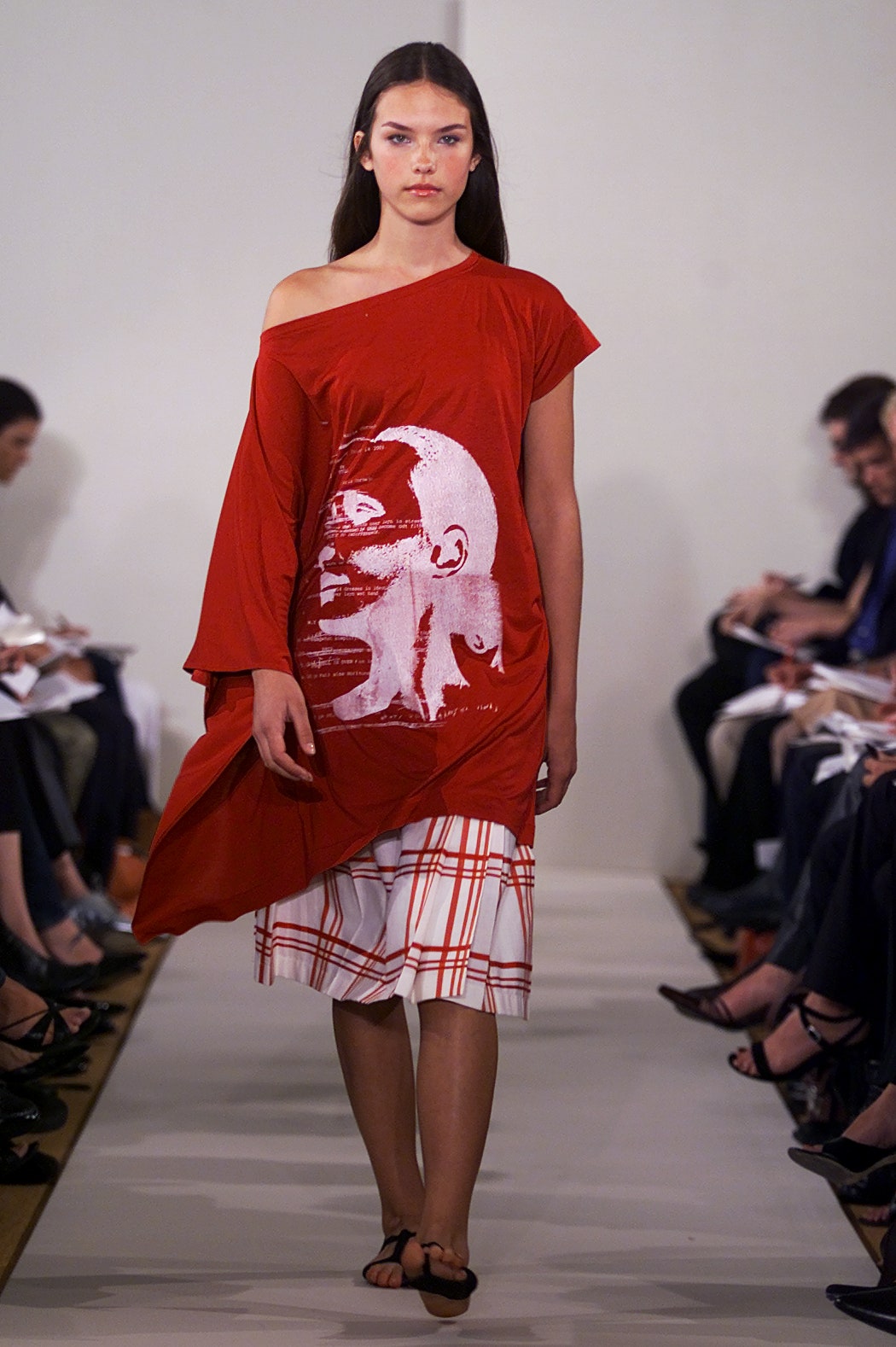 red cotton sleeveless off-shoulder relaxed printed midi dress