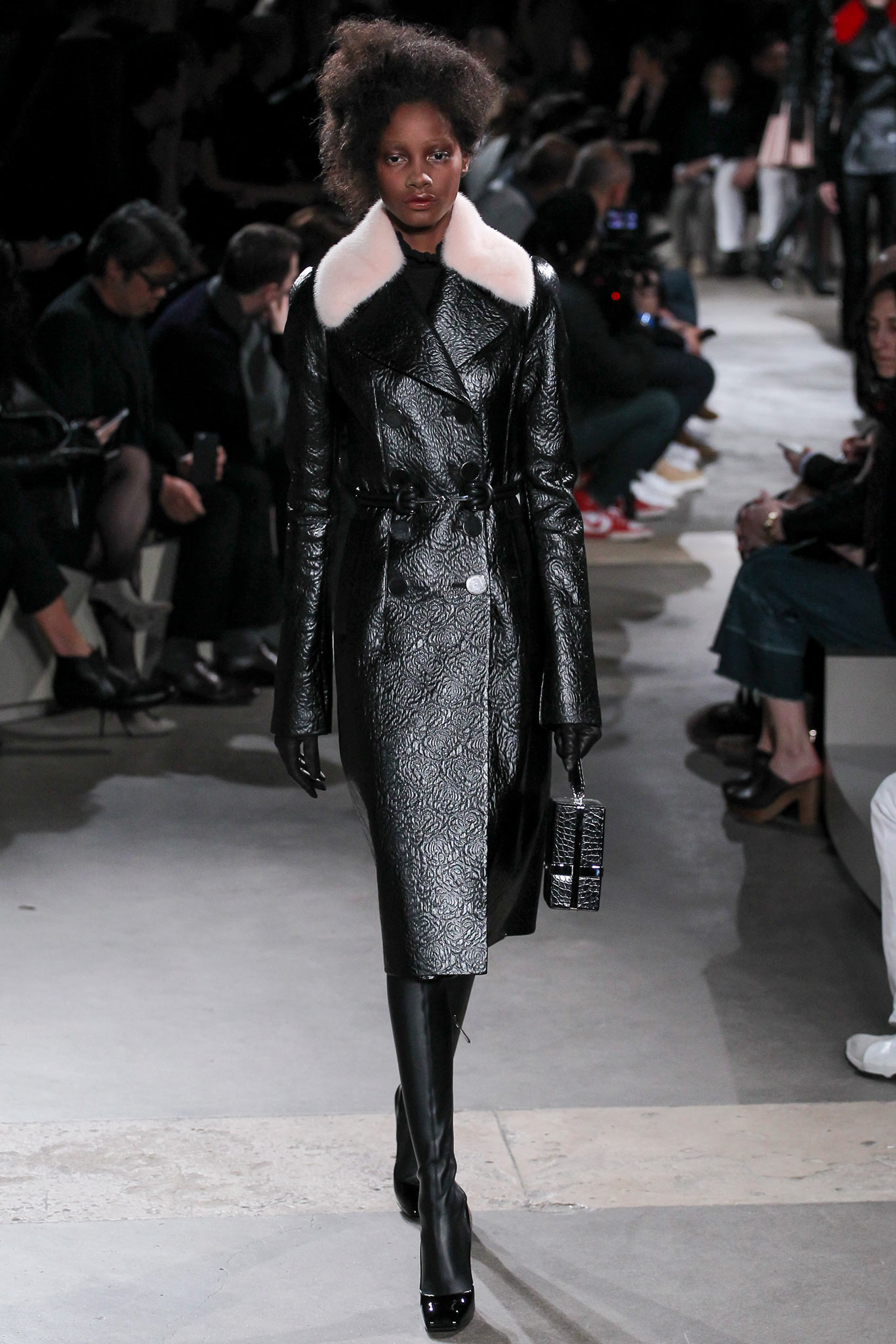black leather long-sleeve collared fitted belted midi coat