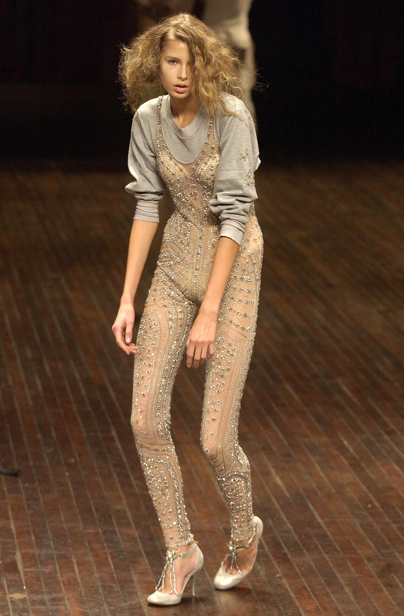 beige silk sleeveless v-neck fitted embellished catsuit