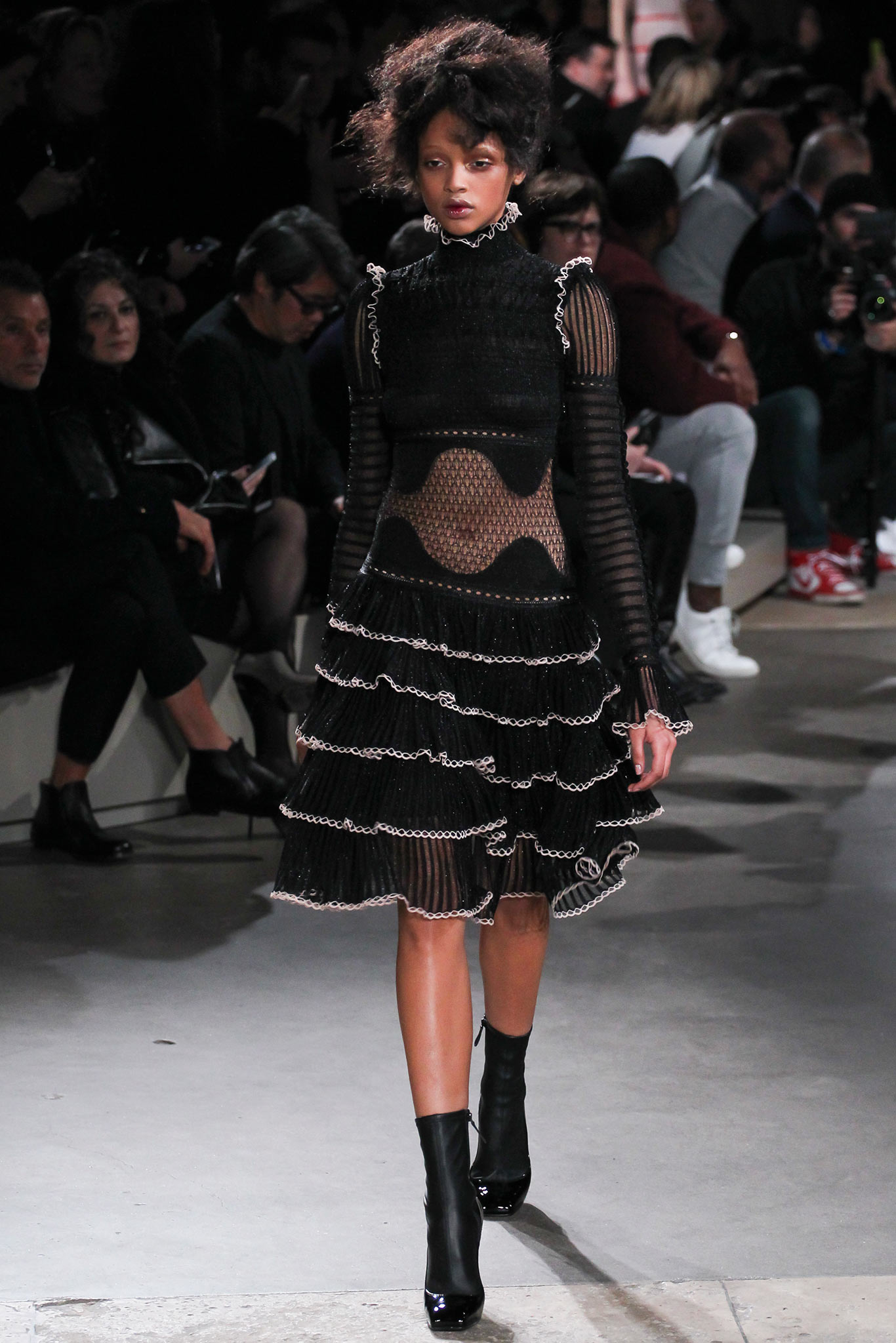 black lace long-sleeve high-neck fitted ruffled layered dress