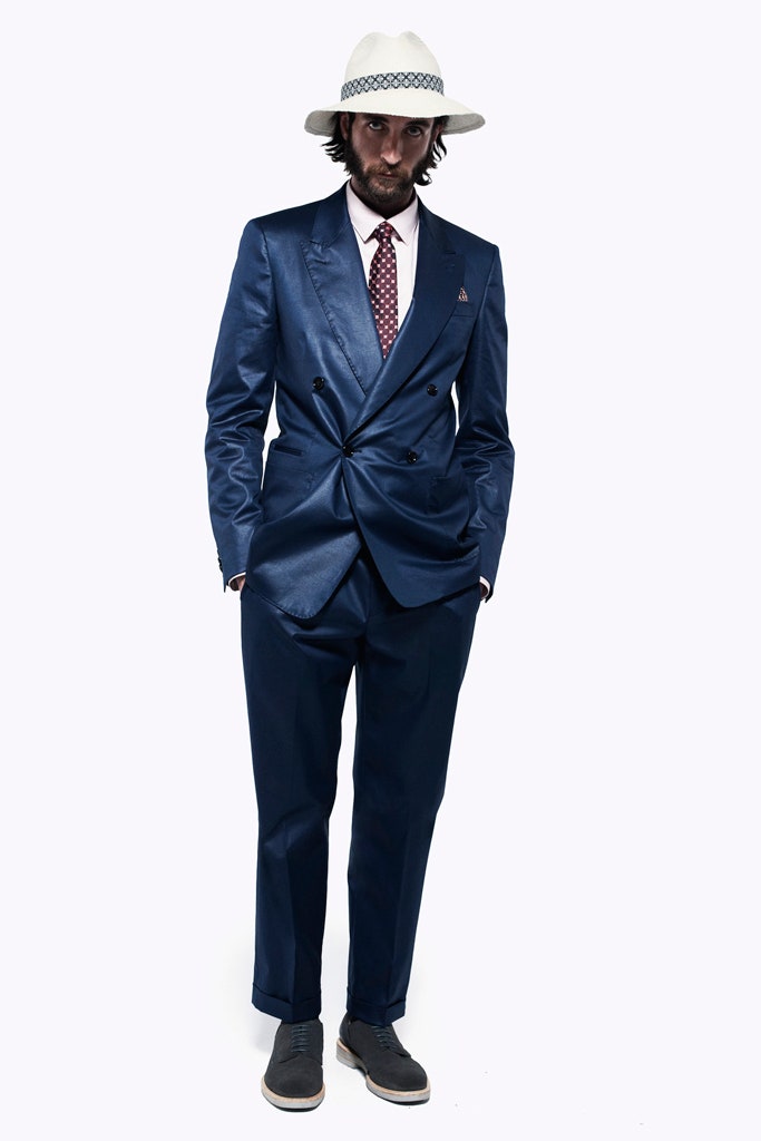 blue silk long-sleeve collared tailored pleated shiny suit