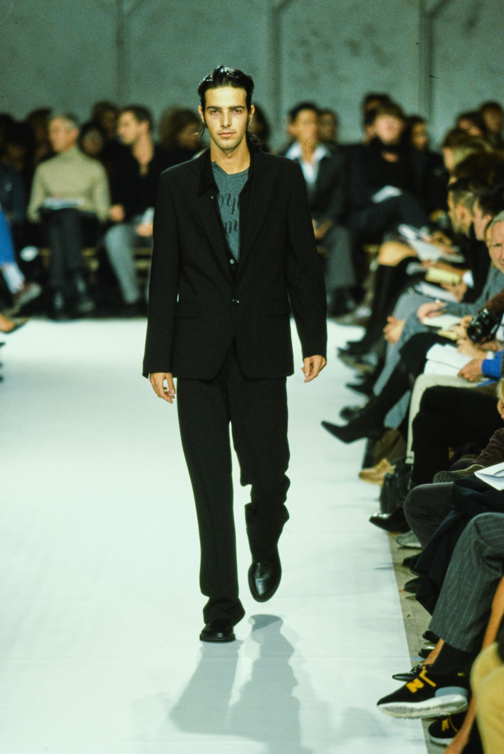 black tailored suit with gray t-shirt