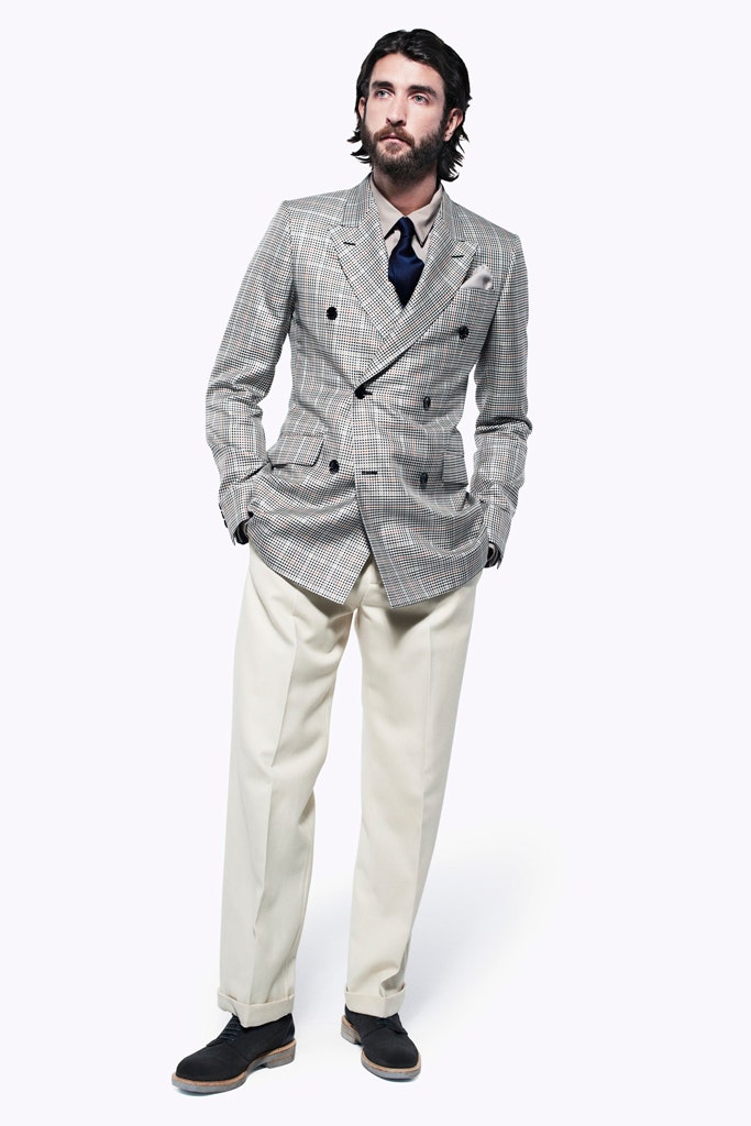 gray checked tailored blazer and beige pants