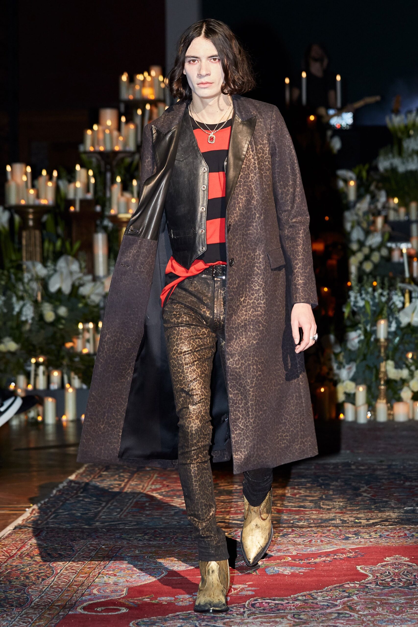 brown leather long-sleeve collared relaxed printed midi coat